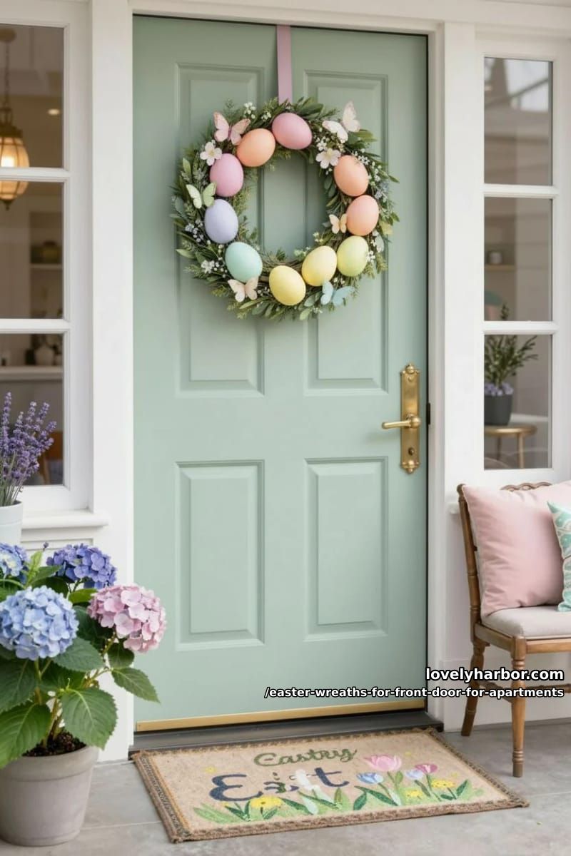 soft pastel ombre egg wreath with butterfly accents and greenery 1