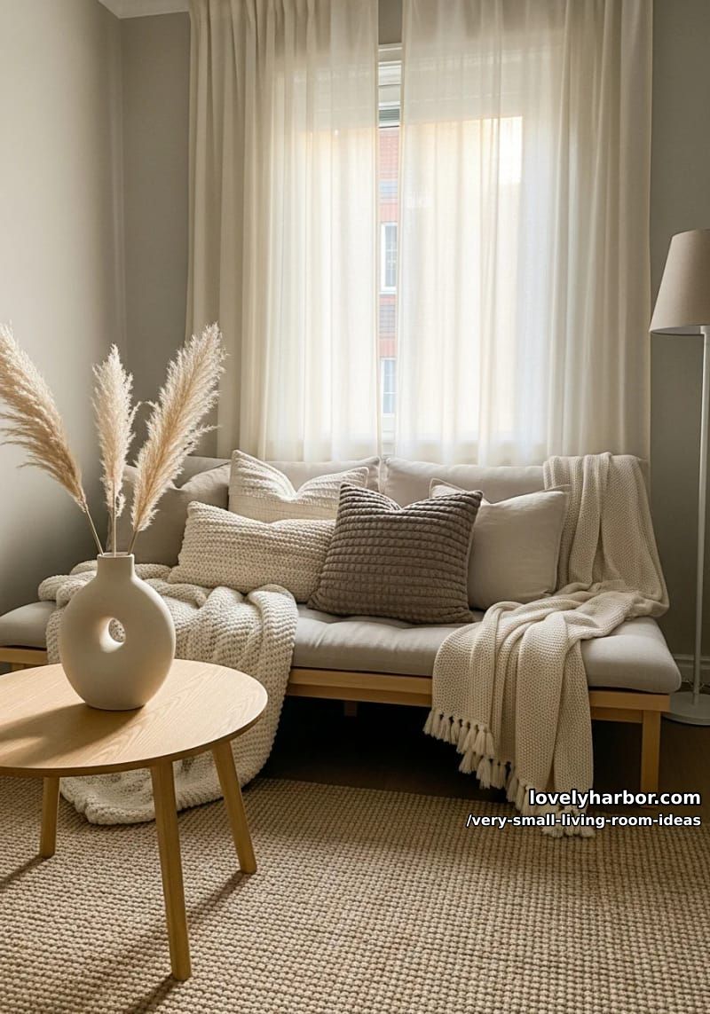 soft white and taupe color palette with cozy throws and cushions 1