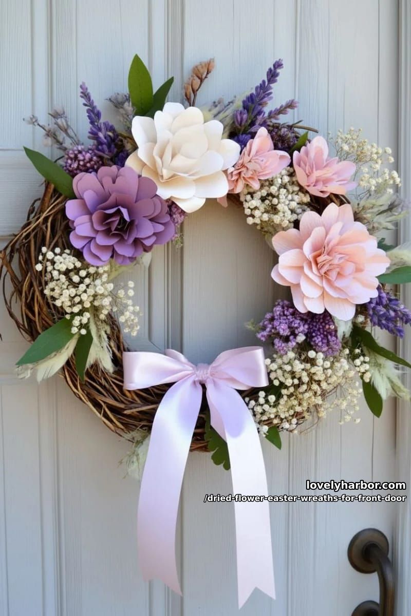 softly colored paper flower accents mixed with dried baby’s breath clusters 1