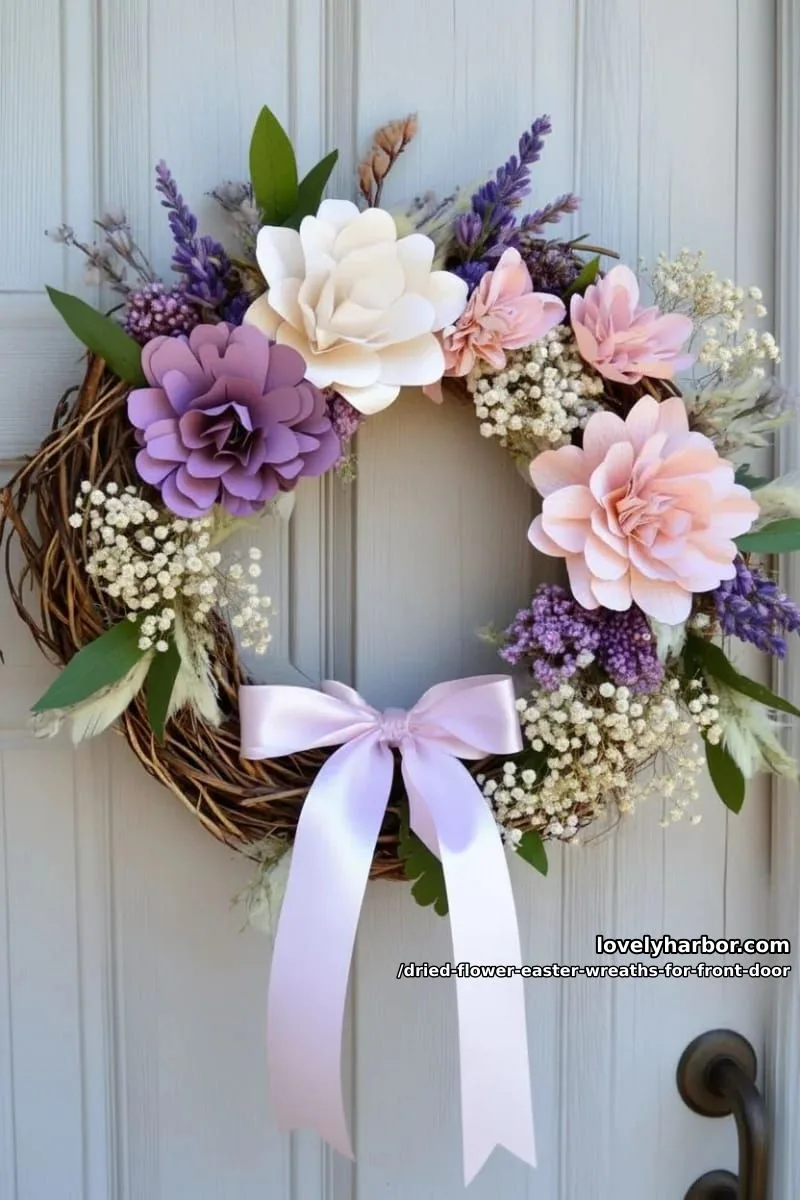 softly colored paper flower accents mixed with dried baby’s breath clusters 1