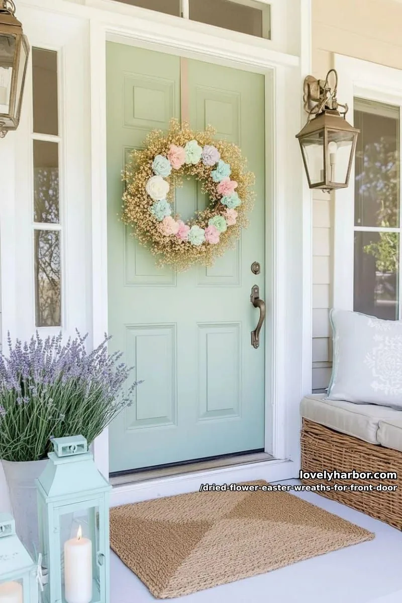 softly colored paper flower accents mixed with dried baby’s breath clusters 1