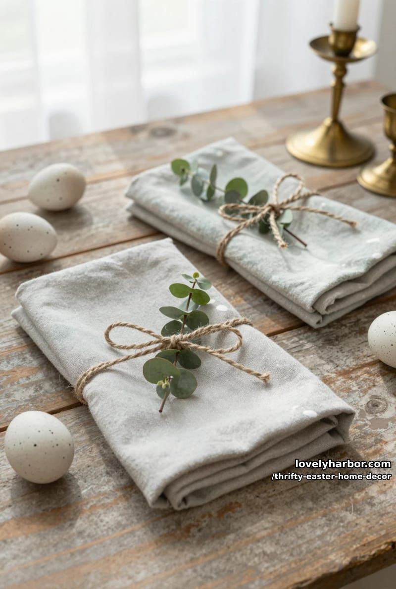 softly faded linen napkins tied with jute and a sprig of faux greenery 1