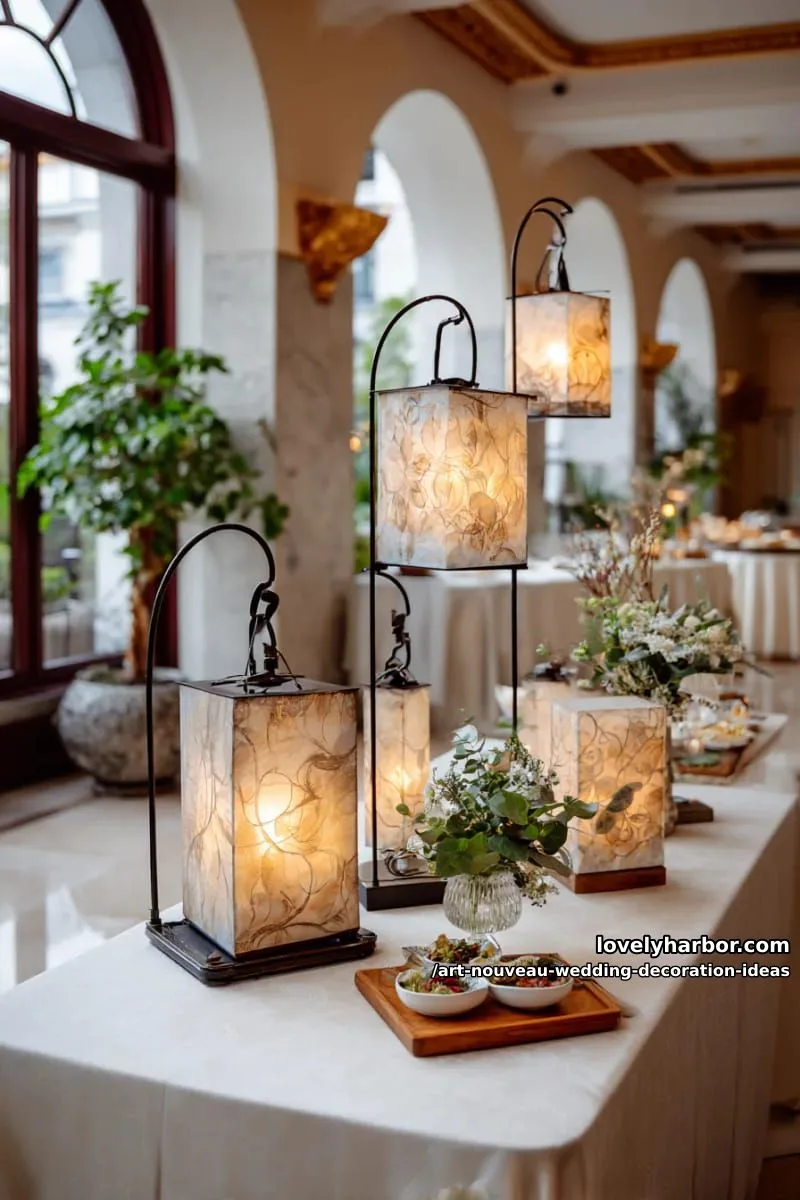softly glowing lanterns etched with nature-inspired linework and motifs 1