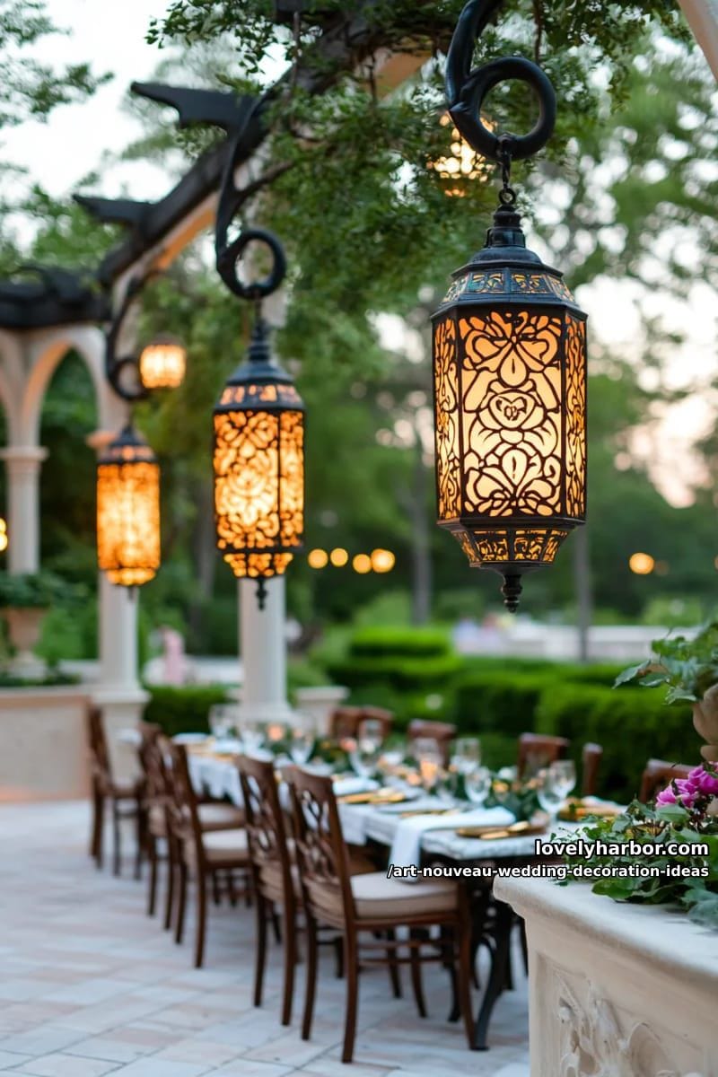 softly glowing lanterns etched with nature-inspired linework and motifs 1