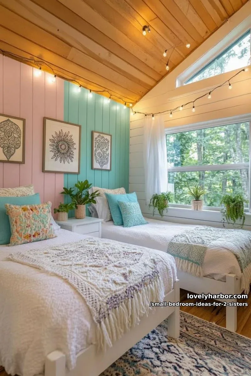 split-color half-mural wall, each side reflecting each sister’s favorite hue 1