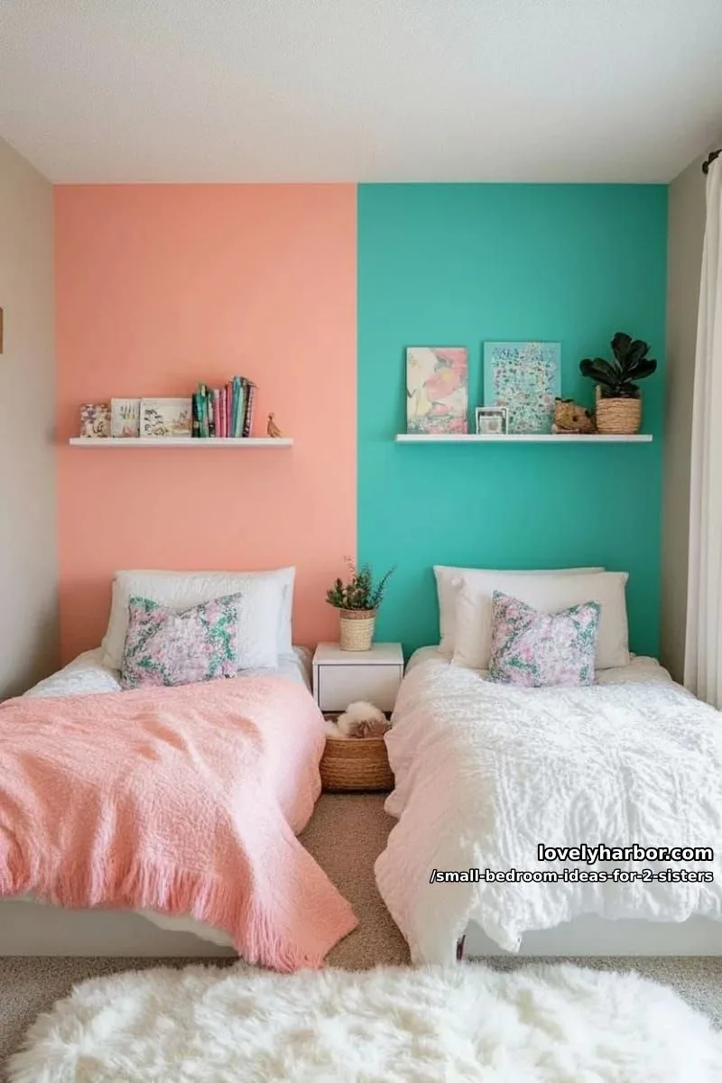 split-color half-mural wall, each side reflecting each sister’s favorite hue 1