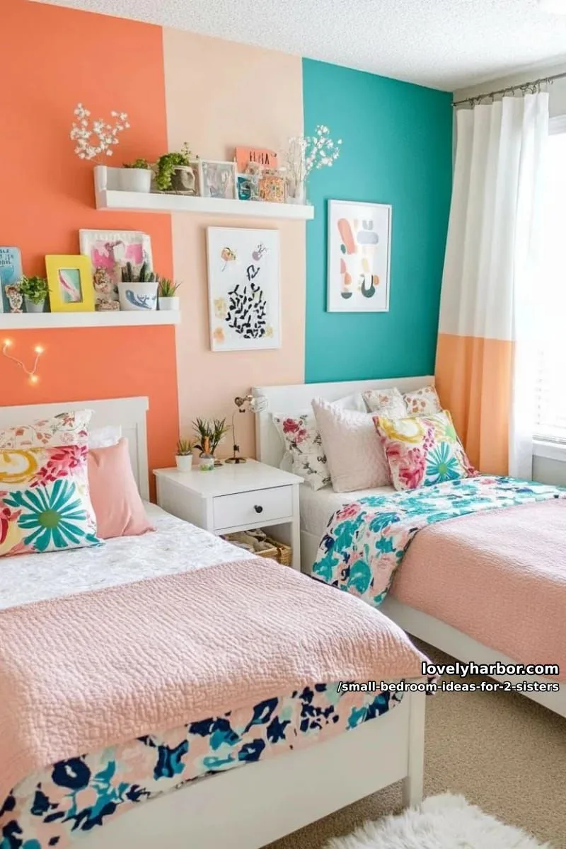 split-color half-mural wall, each side reflecting each sister’s favorite hue 1
