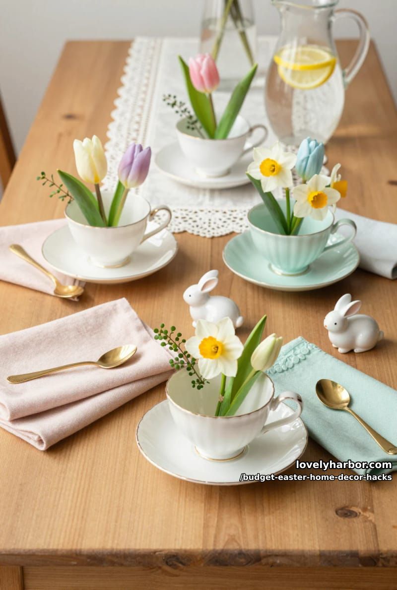 spring floral arrangements in thrifted teacups for a sweet tablescape 1