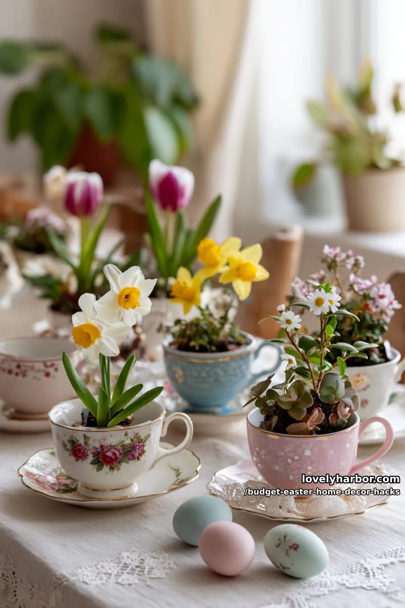 spring floral arrangements in thrifted teacups for a sweet tablescape 1
