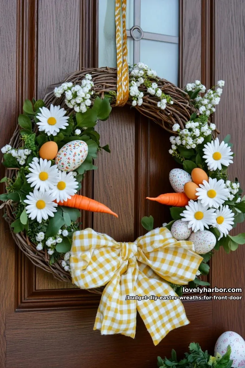 spring garden wreath with faux daisies, mini carrots, and gingham bow 1