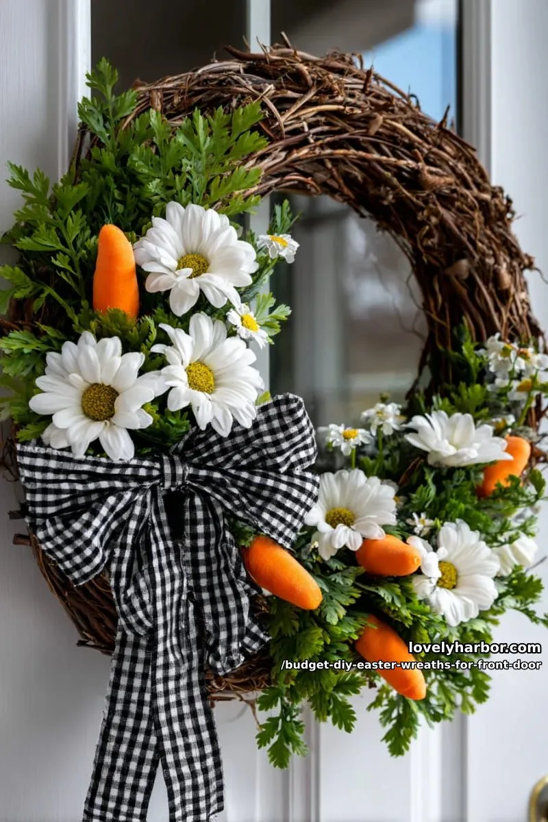 spring garden wreath with faux daisies, mini carrots, and gingham bow 1