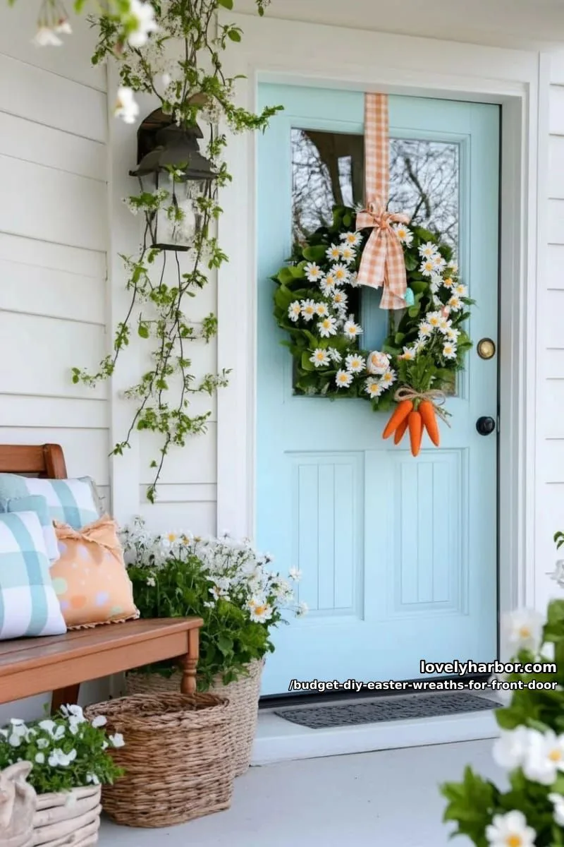 spring garden wreath with faux daisies, mini carrots, and gingham bow 1