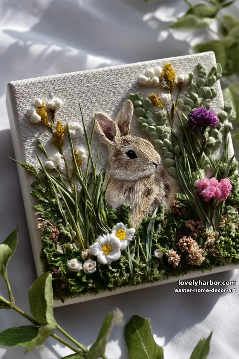 spring meadow bunny art with textured greenery and wildflowers on canvas 1