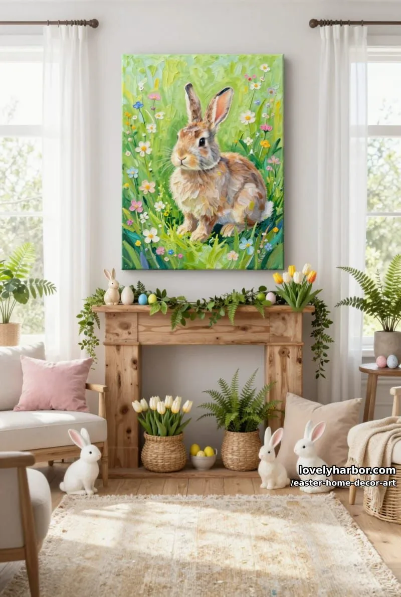 spring meadow bunny art with textured greenery and wildflowers on canvas 1