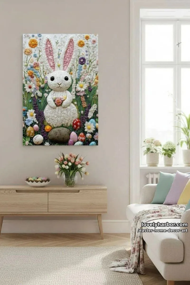 spring meadow bunny art with textured greenery and wildflowers on canvas 1