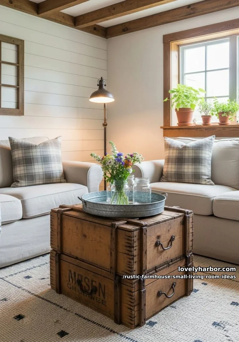 stack antique crates as a coffee table with galvanized tray centerpiece 1