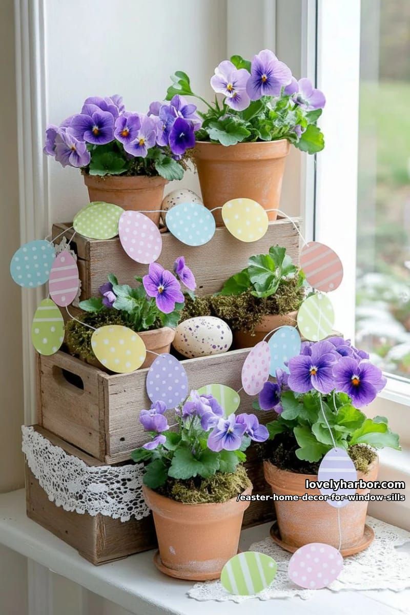 stack rustic wooden crates holding paper egg garlands and potted violets. 1