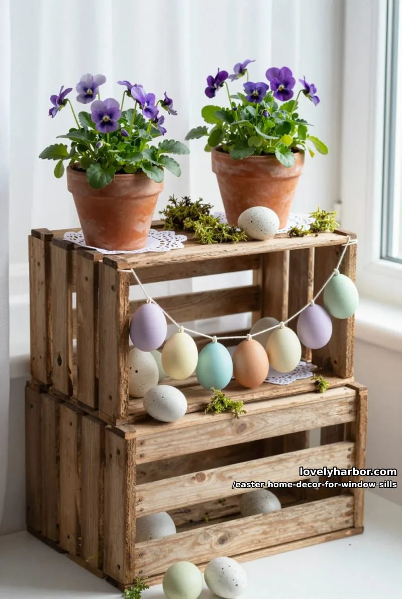 stack rustic wooden crates holding paper egg garlands and potted violets. 1