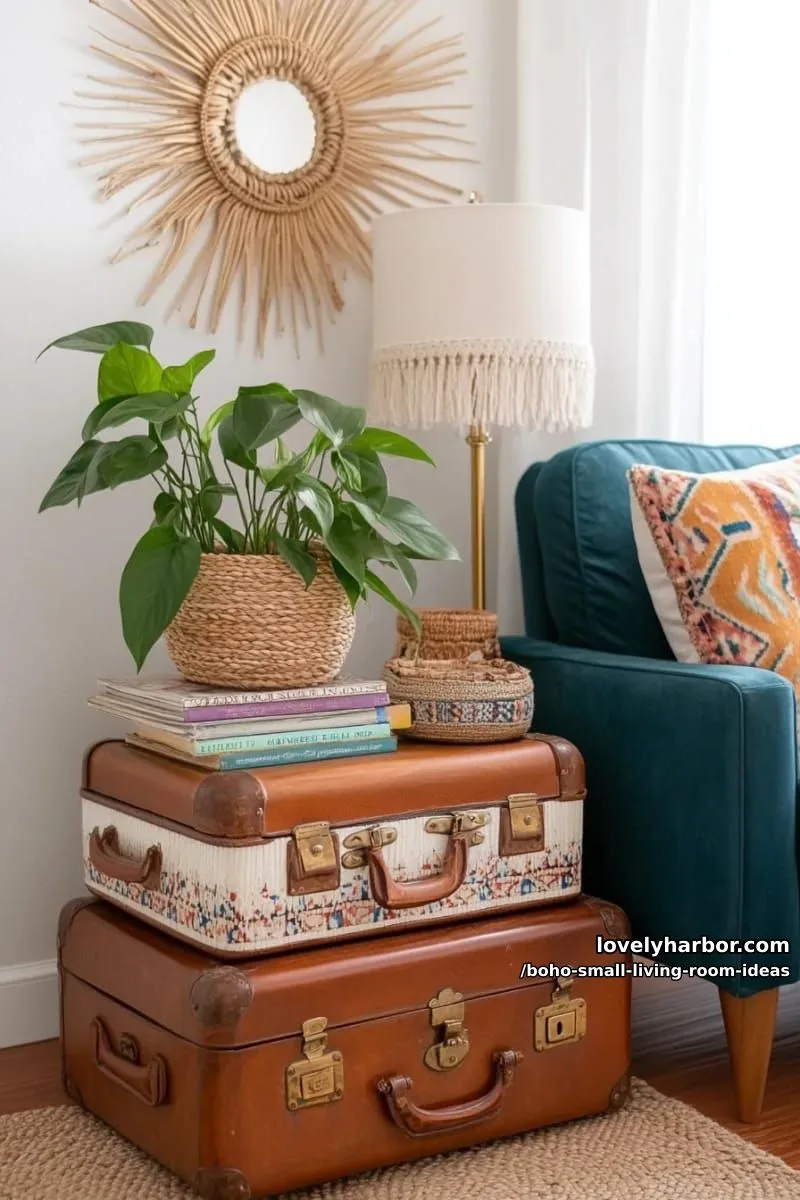 15 Boho Small Living Rooms Ideas That Turn Tiny Spaces Into Cozy Sanctuaries 34 stack vintage suitcases as a quirky boho side table with personality. 1