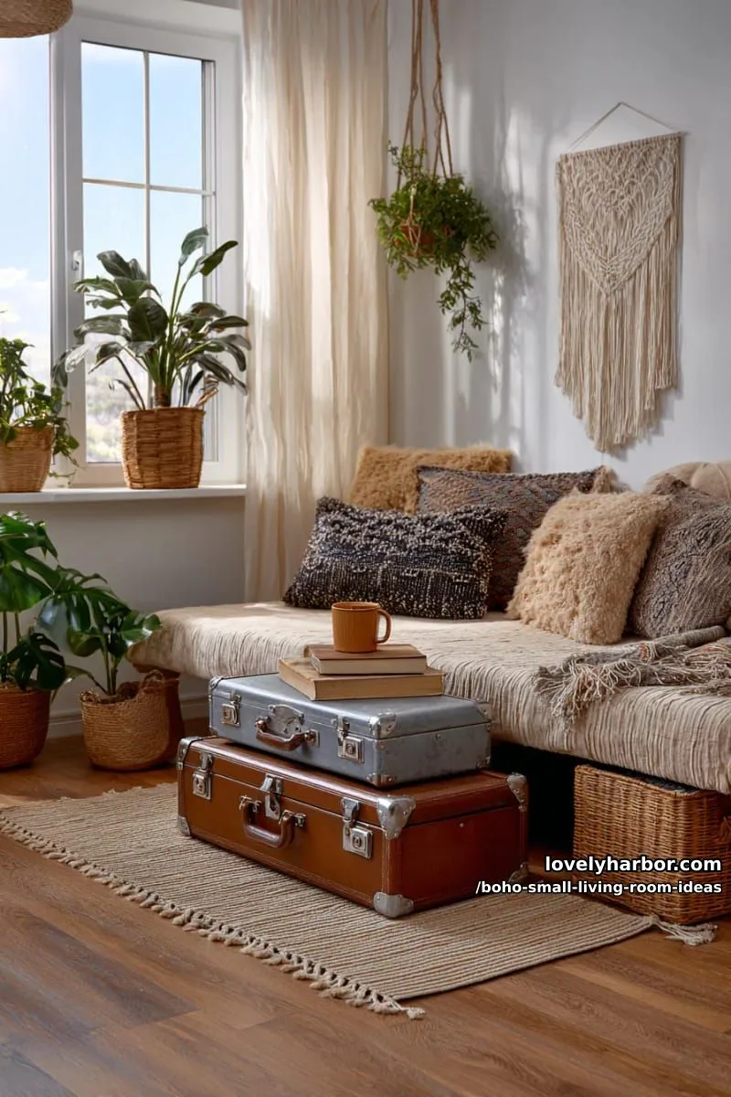 15 Boho Small Living Rooms Ideas That Turn Tiny Spaces Into Cozy Sanctuaries 35 stack vintage suitcases as a quirky boho side table with personality. 1
