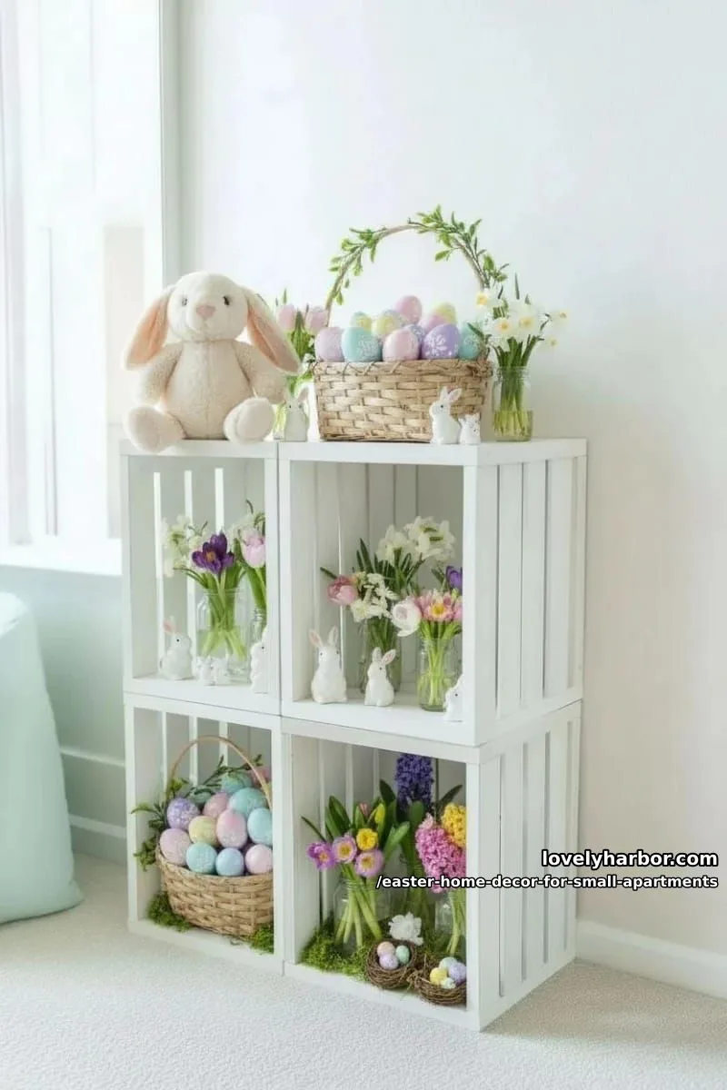 stackable wooden crates as display nooks for easter trinkets and flowers 1