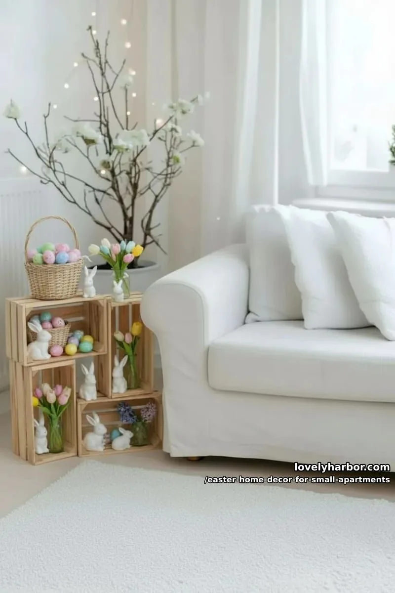 stackable wooden crates as display nooks for easter trinkets and flowers 1