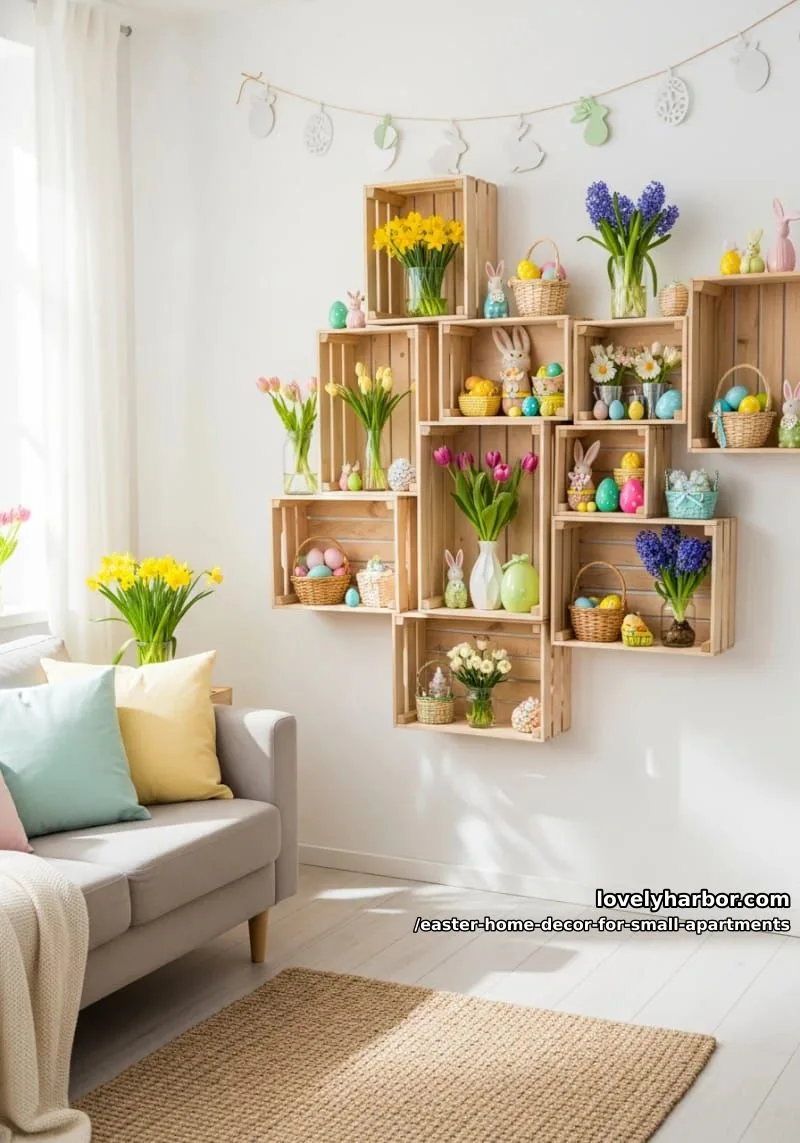 stackable wooden crates as display nooks for easter trinkets and flowers 1