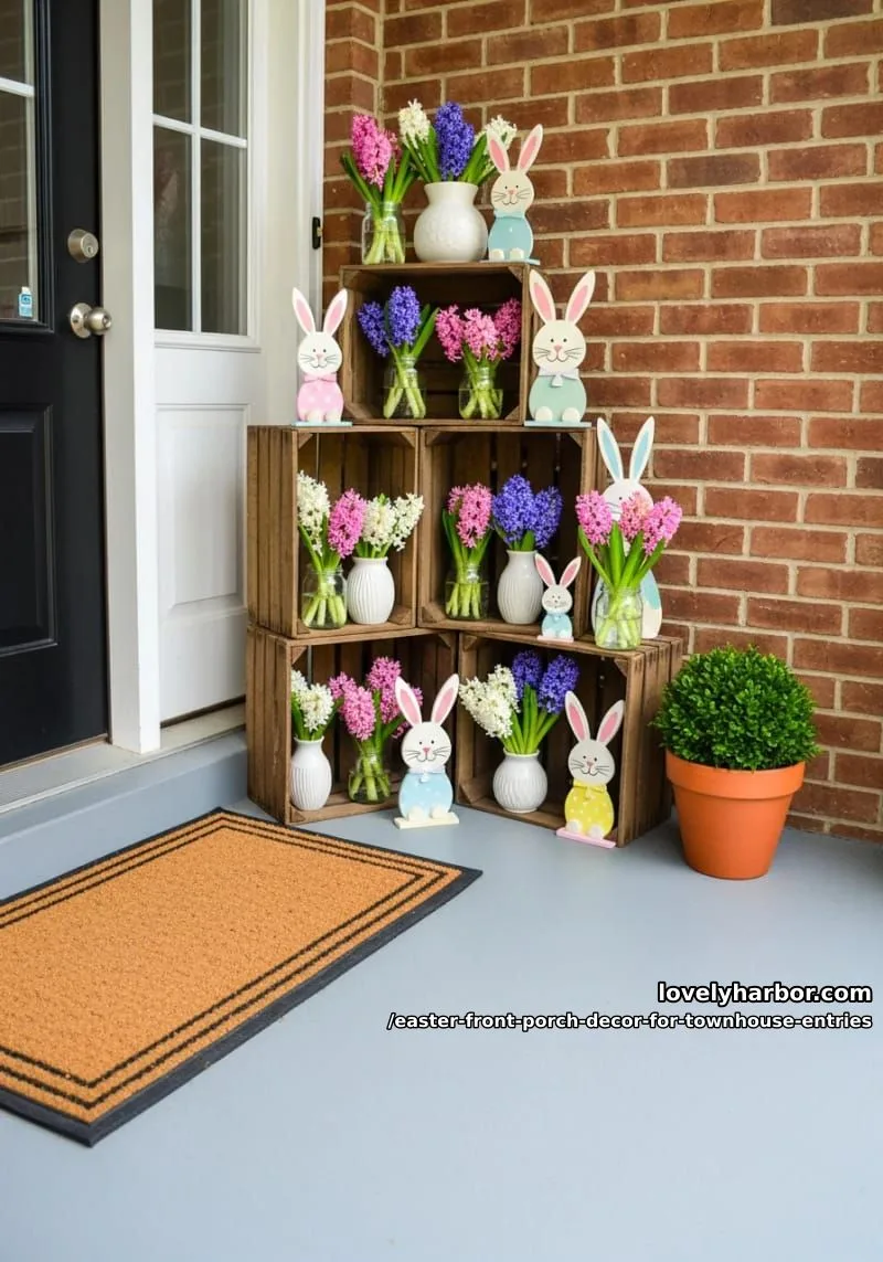 stacked crates displaying hyacinth bouquets and painted bunny cutouts 1