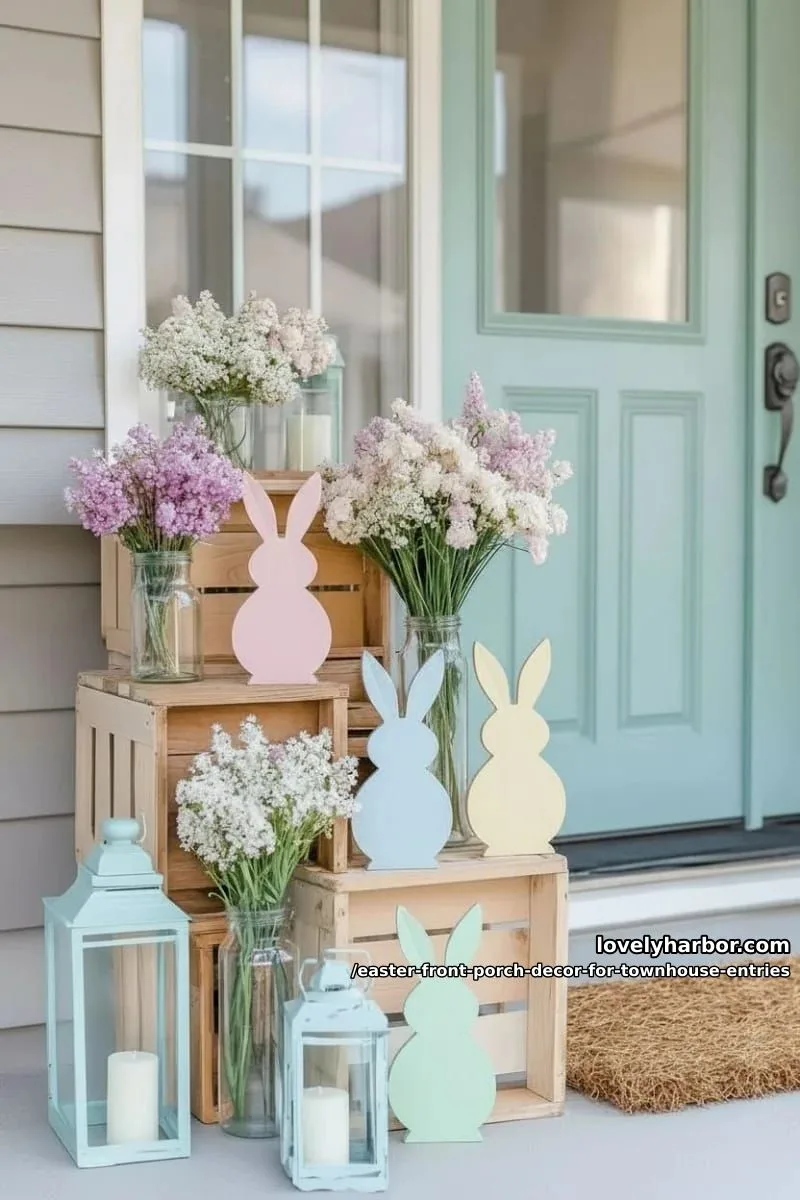 stacked crates displaying hyacinth bouquets and painted bunny cutouts 1