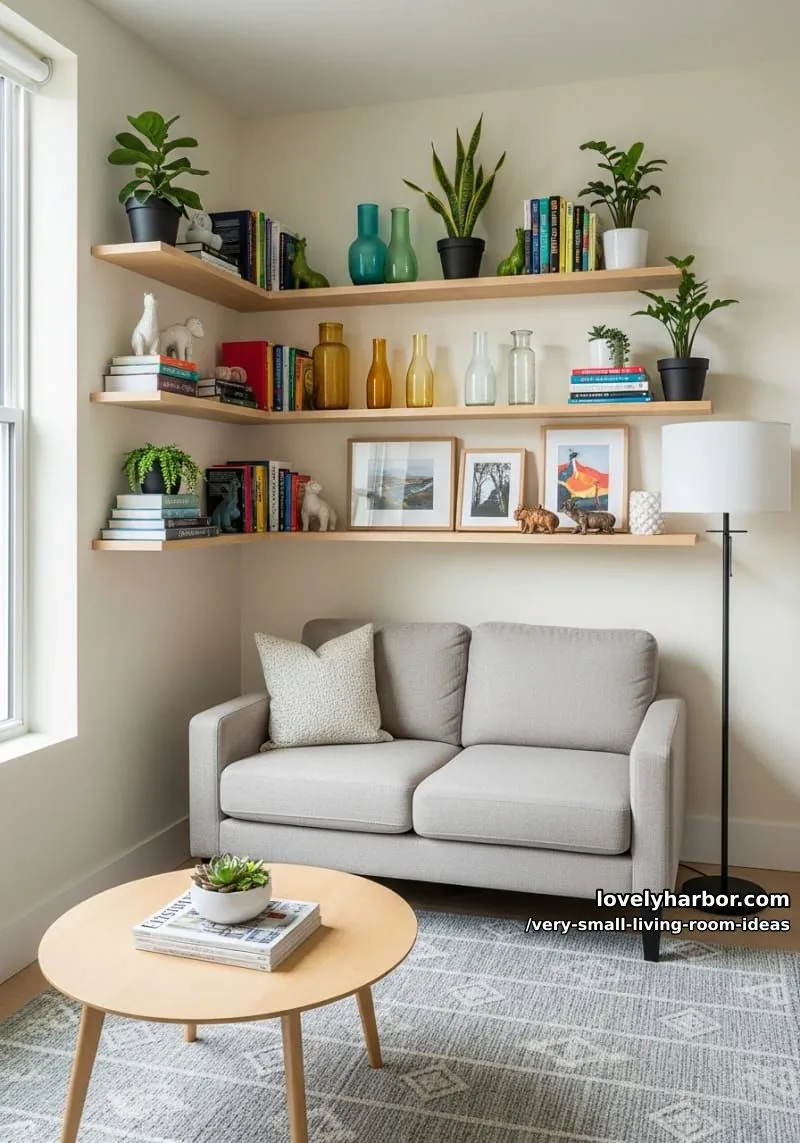 staggered open shelving for books, plants, and curated trinkets 1