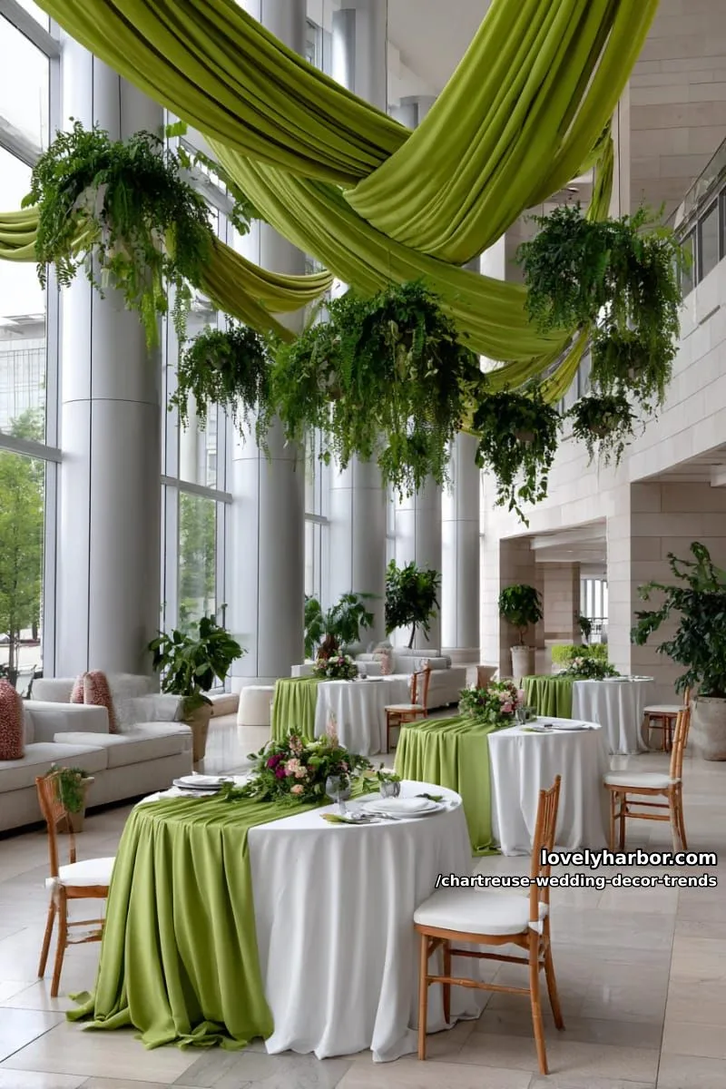 15 Chartreuse Wedding Decor Trends You Should Try 21 statement chartreuse drapery with lush hanging greenery installations 1