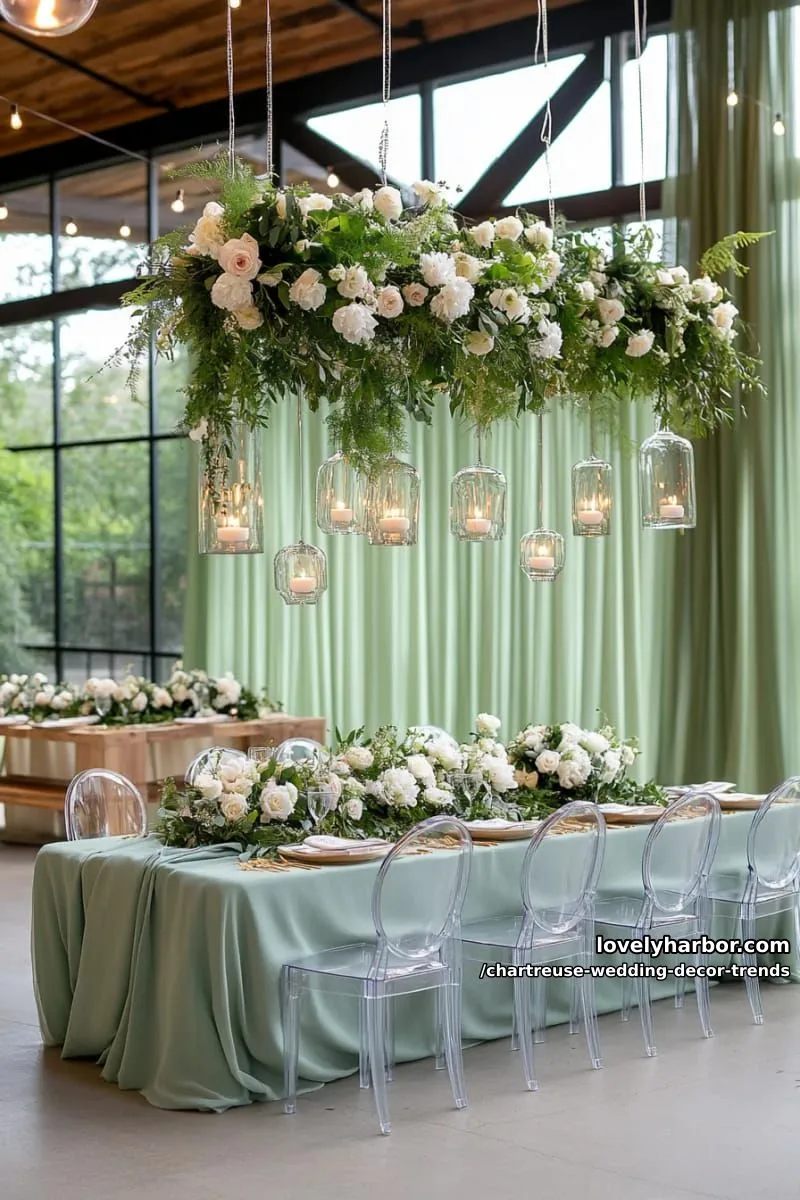 15 Chartreuse Wedding Decor Trends You Should Try 22 statement chartreuse drapery with lush hanging greenery installations 1