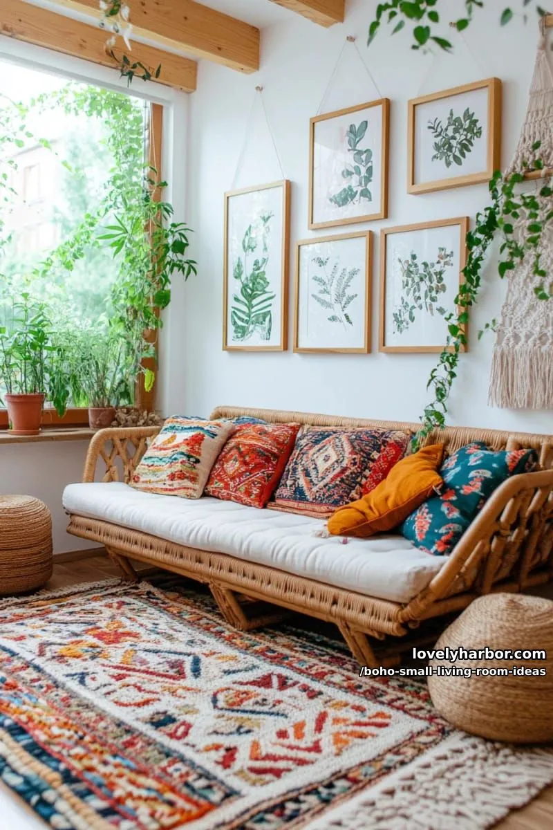 15 Boho Small Living Rooms Ideas That Turn Tiny Spaces Into Cozy Sanctuaries 17 style a gallery wall with botanical prints and thrifted wooden frames. 1