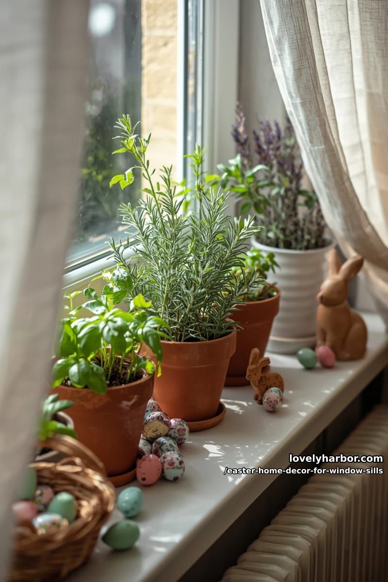 style a window sill herb garden with hidden chocolate eggs beneath greenery. 1