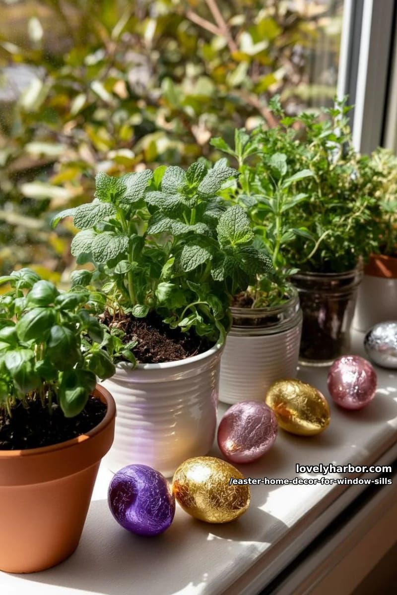 style a window sill herb garden with hidden chocolate eggs beneath greenery. 1