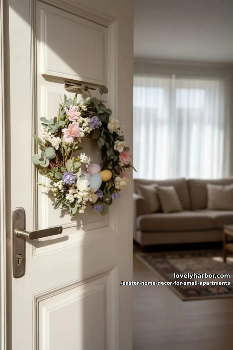 subtle floral wreath with hidden eggs on an interior apartment door 1
