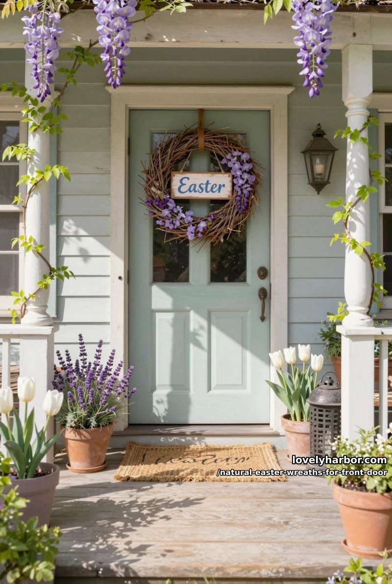sun-bleached twigs with trailing wisteria and a hanging wooden sign 1