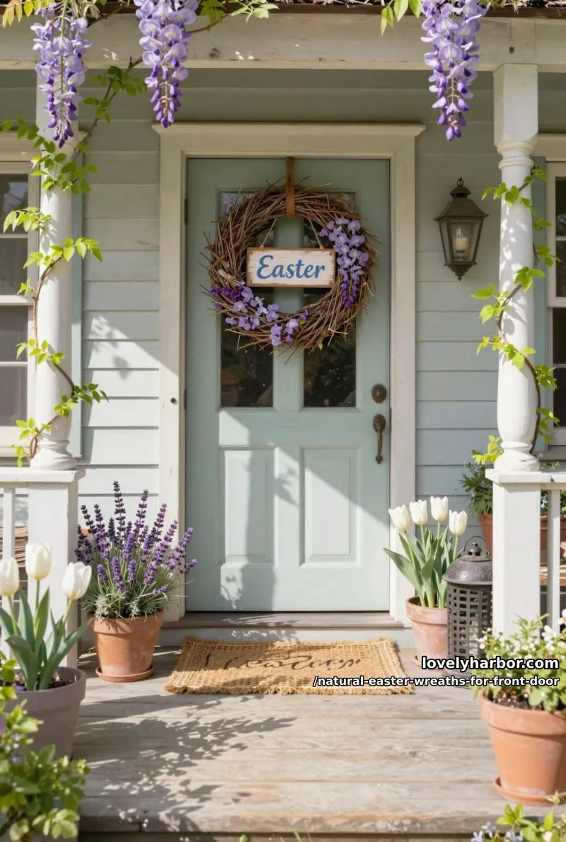 sun-bleached twigs with trailing wisteria and a hanging wooden sign 1