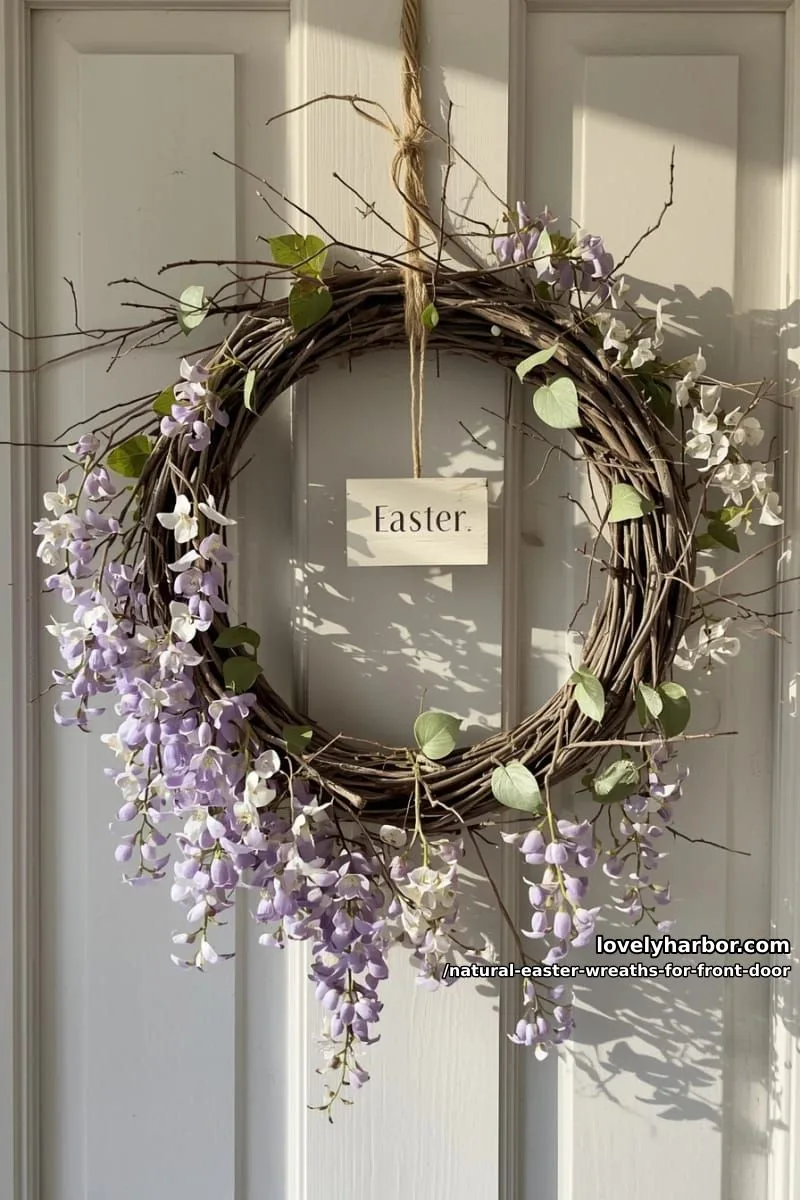 sun-bleached twigs with trailing wisteria and a hanging wooden sign 1