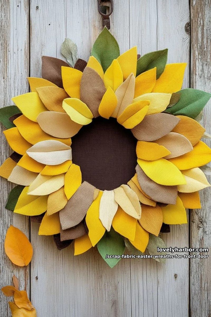 sunflower-inspired wreath using yellow and brown scrap petals and leaf shapes 1