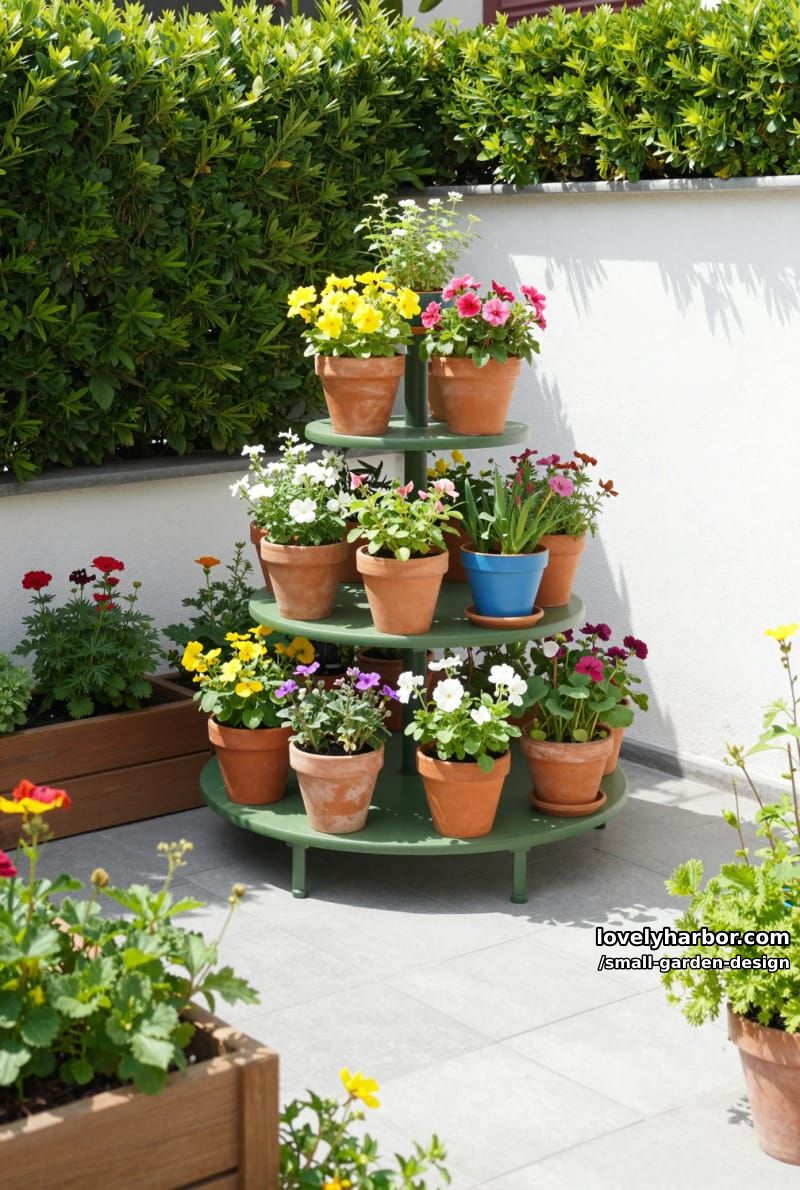 sunny garden corner with tiered plant stand, colorful pots, and raised beds. 1