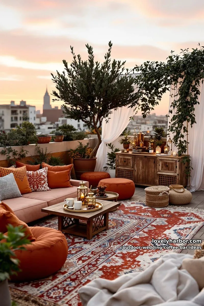 sunset rooftop coffee lounge with moroccan poufs, lanterns, and spiced coffee blends 1