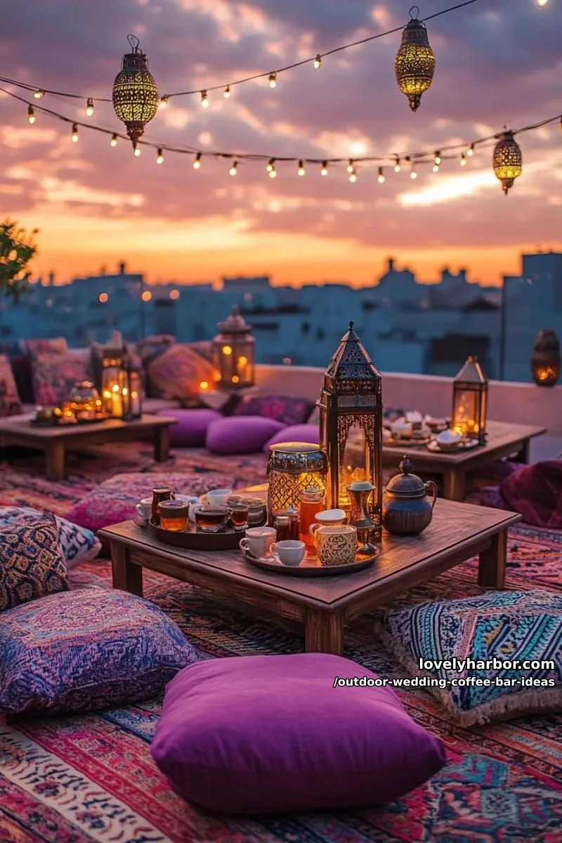 sunset rooftop coffee lounge with moroccan poufs, lanterns, and spiced coffee blends 1
