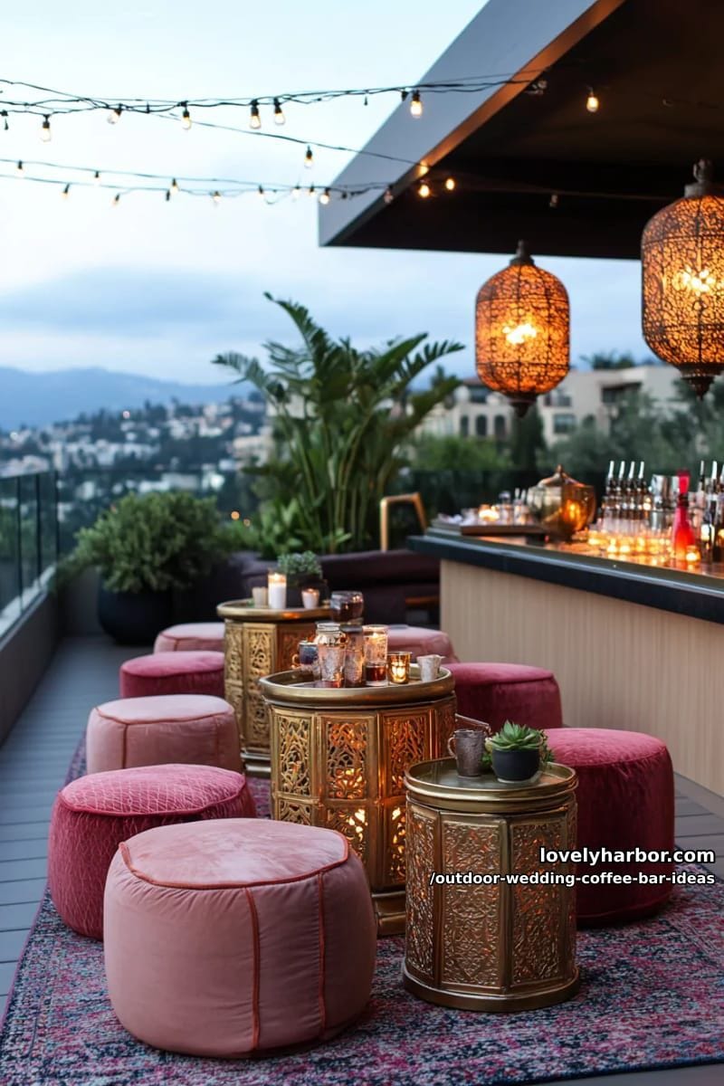 sunset rooftop coffee lounge with moroccan poufs, lanterns, and spiced coffee blends 1