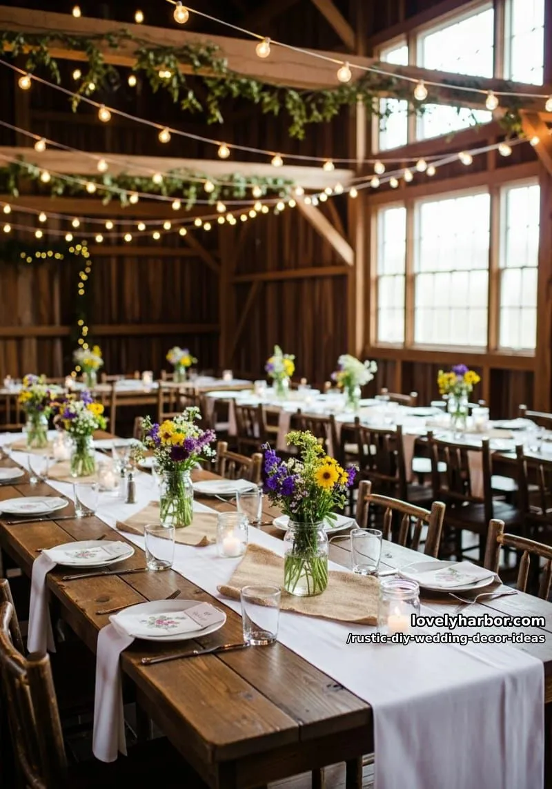19 Rustic DIY Wedding Decor Ideas with Dreamy Vibes 19 suspended edison bulb string lights above the reception tables 1