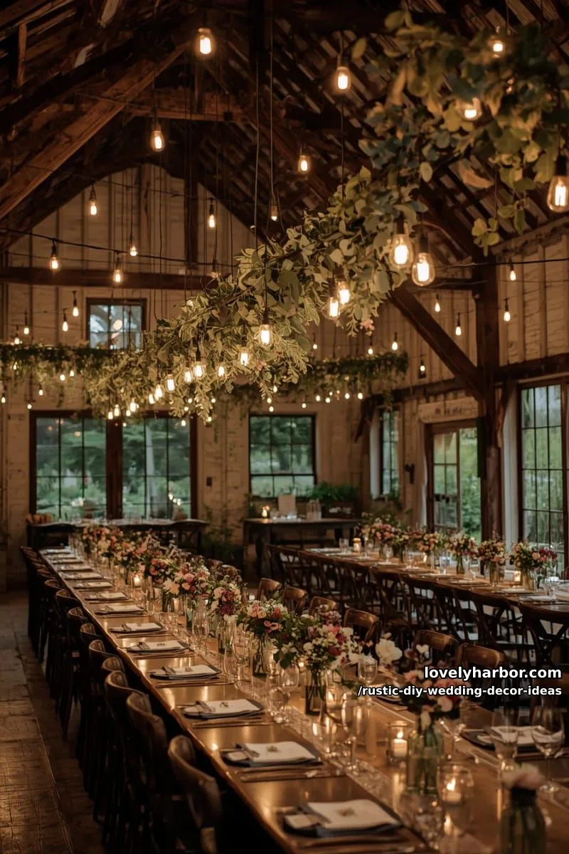 19 Rustic DIY Wedding Decor Ideas with Dreamy Vibes 20 suspended edison bulb string lights above the reception tables 1