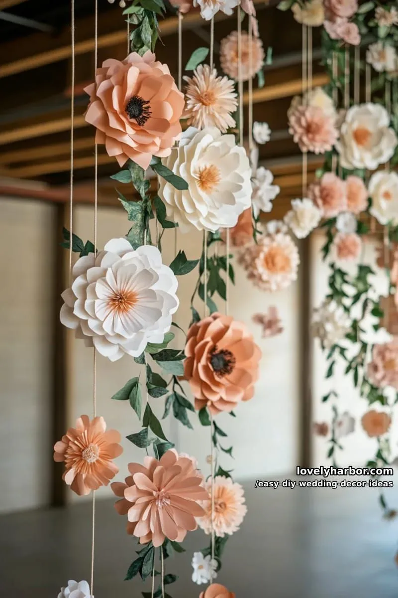 15 Easy DIY Wedding Decor Ideas for a Chic Wedding Set 21 suspended paper flower garlands as a dreamy ceremony backdrop 1