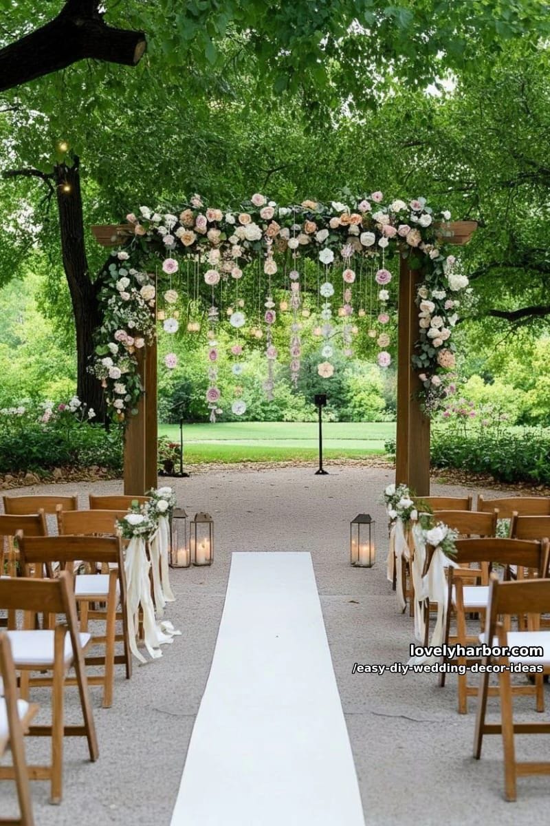suspended paper flower garlands as a dreamy ceremony backdrop 1