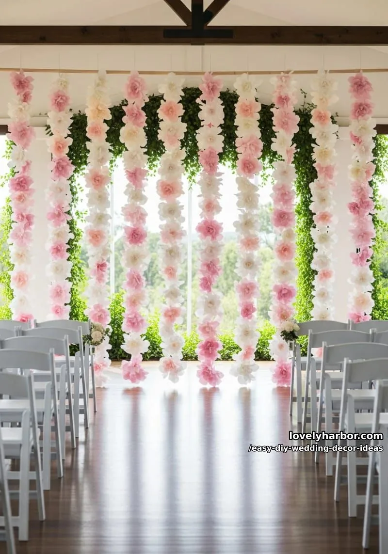 15 Easy DIY Wedding Decor Ideas for a Chic Wedding Set 23 suspended paper flower garlands as a dreamy ceremony backdrop 1