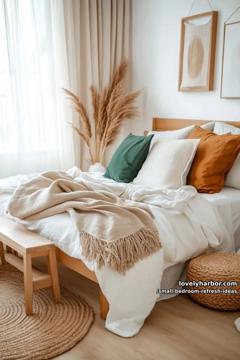 swap bold pillows and throws for soft, earthy hues and cozy textures 1